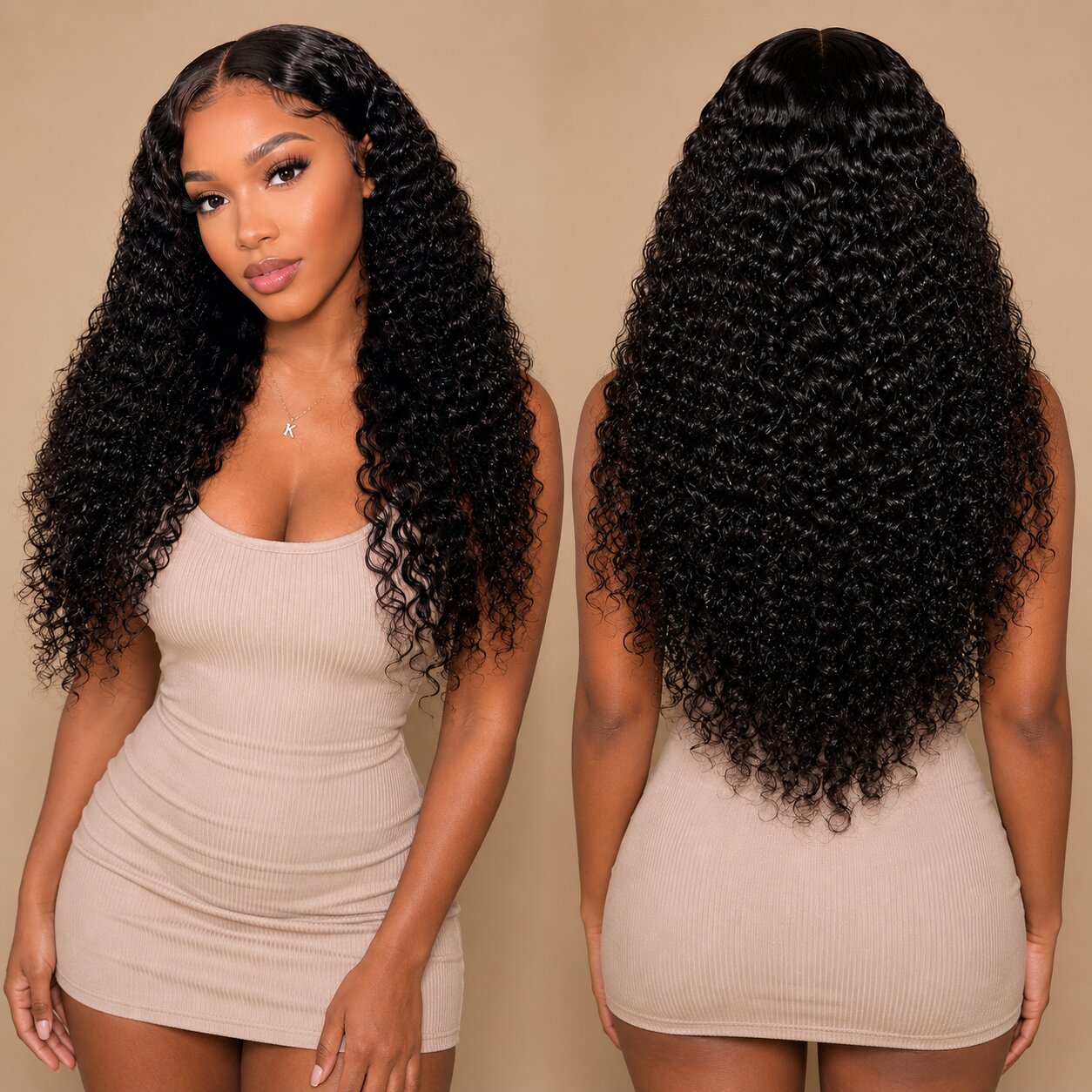 Front and back view of a Black woman wearing UrbanChichair Virgin Indian Curly Bundles, showing long defined curls, natural volume, and full back coverage.