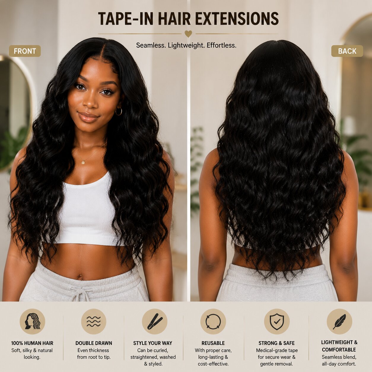 Front and back view of a young Black woman with long, glossy black wavy hair. Model wears a white crop top and gray sweatpants in a softly lit indoor studio with minimalist decor and subtle greenery.