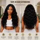 Front and back view of a young Black woman with long, glossy black wavy hair. Model wears a white crop top and gray sweatpants in a softly lit indoor studio with minimalist decor and subtle greenery.