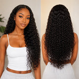 Front and back view of model wearing long Water Wave Tape In Hair Extensions with natural glossy curls