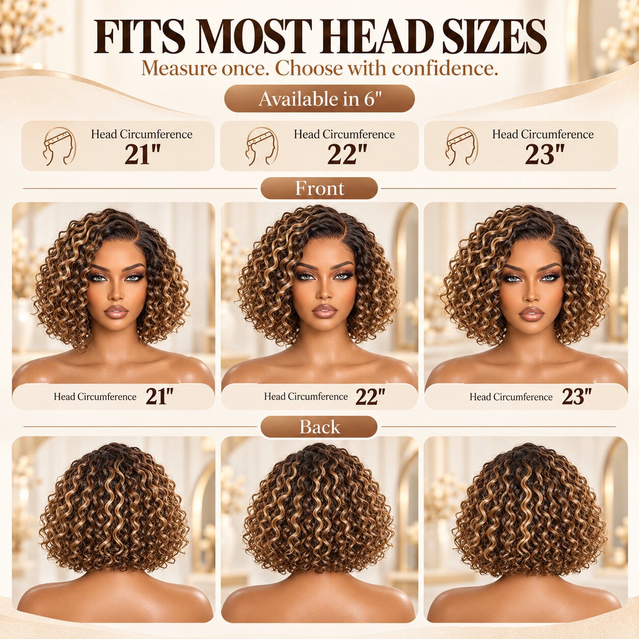 Front and back views of a blonde-highlight water wave curly bob wig illustrating different head circumference measurements.