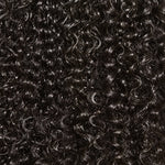Front, angled and back views of a kinky curly wig with bangs on a mannequin.