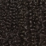 Front, angled and back views of a kinky curly wig with bangs on a mannequin.