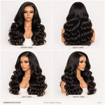 Front, back, left, and right views of a natural black loose body wave human hair wig showing full volume, flowing waves, and natural-looking styling.