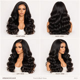 Front, back, left, and right views of a natural black loose body wave human hair wig showing full volume, flowing waves, and natural-looking styling.