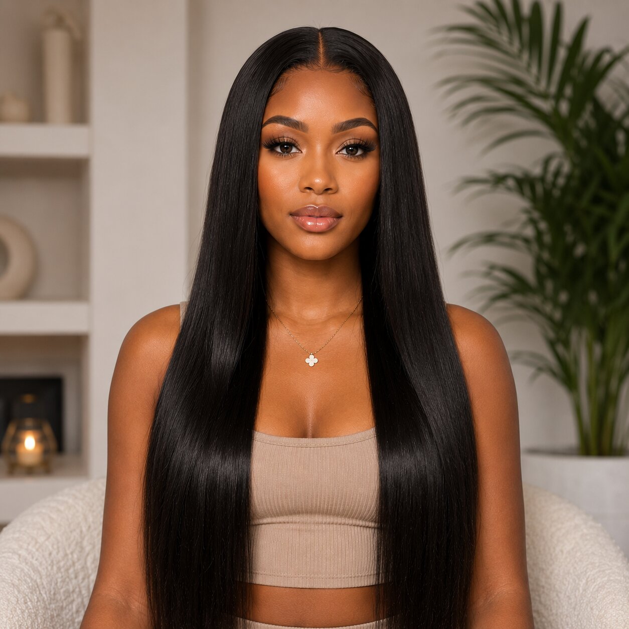 Front portrait of Black woman with sleek long straight human hair extensions, featuring silky smooth texture and natural middle part hairstyle.