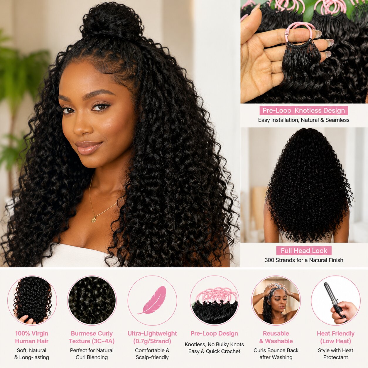 Front view of Black woman wearing Burmese curly crochet braids, half-up topknot, full and glossy curls; back view shows full head of evenly textured, natural-looking curls.