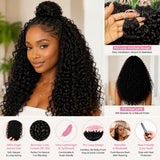Front view of Black woman wearing Burmese curly crochet braids, half-up topknot, full and glossy curls; back view shows full head of evenly textured, natural-looking curls.