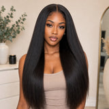 Front view of Black woman wearing UrbanChichair Virgin Yaki Straight Bundles with sleek long textured human hair.