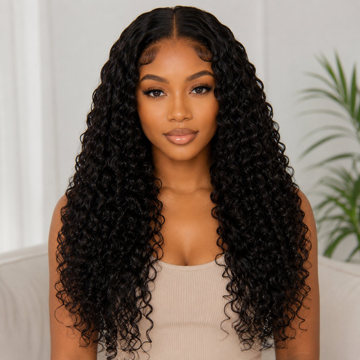 Front view of a Black woman wearing UrbanChichair Burmese Curly Tape In Hair Extensions with long glossy black curls and a natural middle part