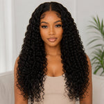 Front view of a Black woman wearing UrbanChichair Burmese Curly Tape In Hair Extensions with long glossy black curls and a natural middle part