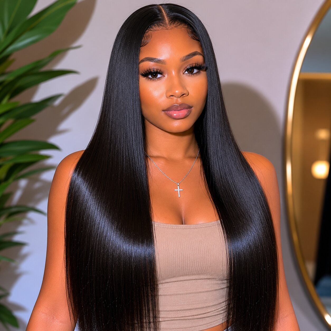 Front view of a young Black woman wearing long straight black human hair extensions with a sleek natural finish.