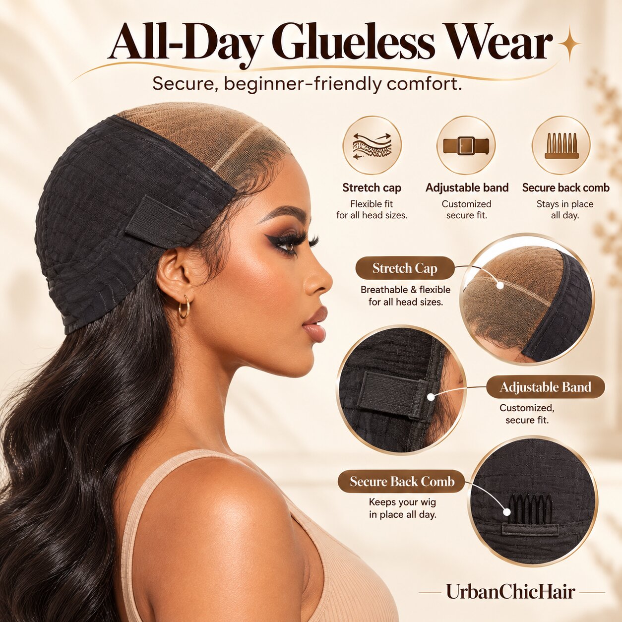 Glueless human hair wig cap construction featuring breathable stretch material, adjustable band and secure back comb for comfortable wear.