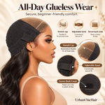 Glueless human hair wig cap construction featuring breathable stretch material, adjustable band and secure back comb for comfortable wear.