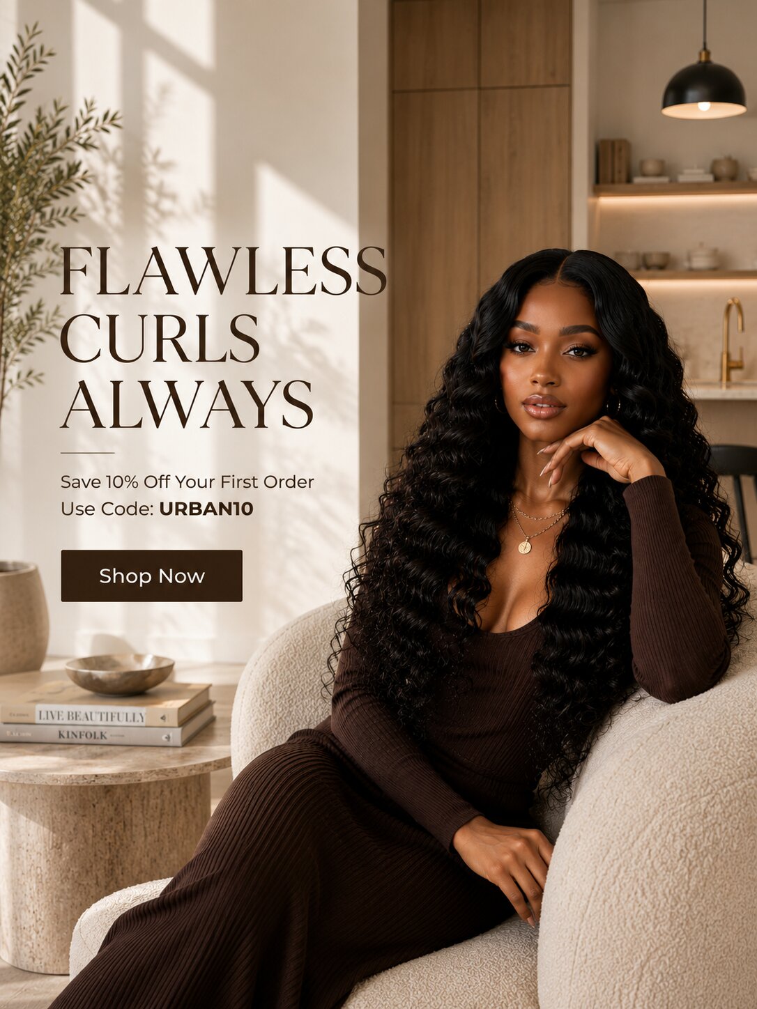 High-end beauty website hero image showing a glamorous woman with long voluminous curly human hair in a warm minimalist interior, advertising Urban Chic Hair premium extensions and wigs with a “Shop Now” call-to-action.