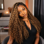 Highlight 4/27 Burmese Curly crochet human hair extensions shown on a model with matching pre-separated loop bundle
