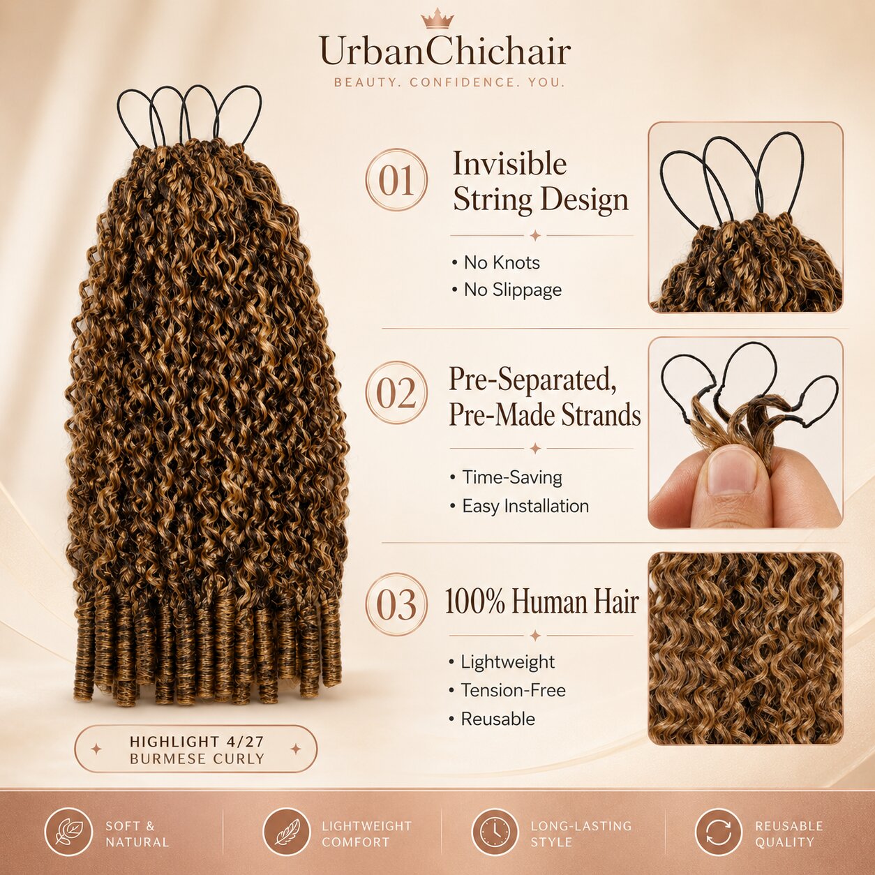How to install Highlight 4/27 Burmese Curly crochet human hair extensions with crochet hook