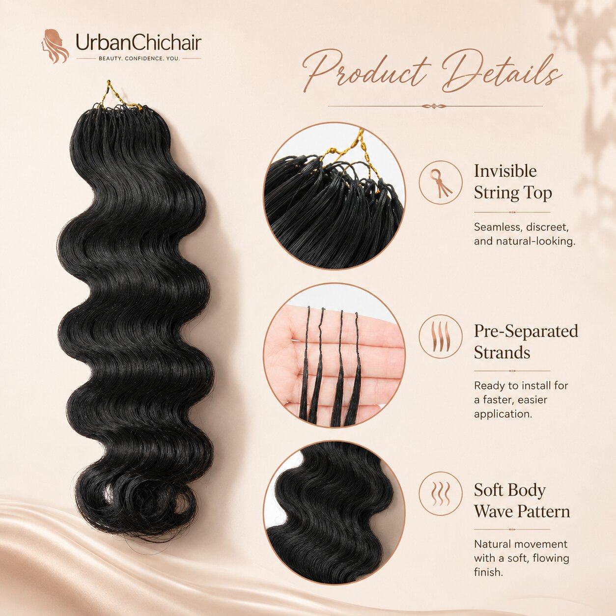 Human hair crochet braids packaging guide showing 50g per pack, 4–5 packs full head recommendation, and multiple body wave bundles display.
