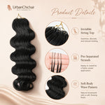 Human hair crochet braids packaging guide showing 50g per pack, 4–5 packs full head recommendation, and multiple body wave bundles display.
