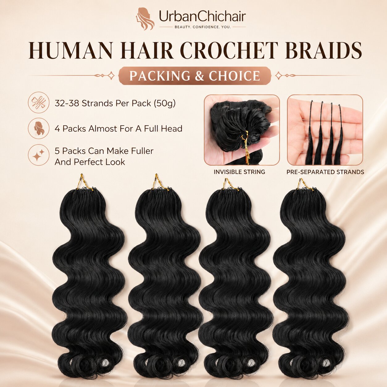 Invisible string body wave crochet hair extensions infographic showing pre-separated strands, knot-free design, lightweight reusable 100% human hair features.