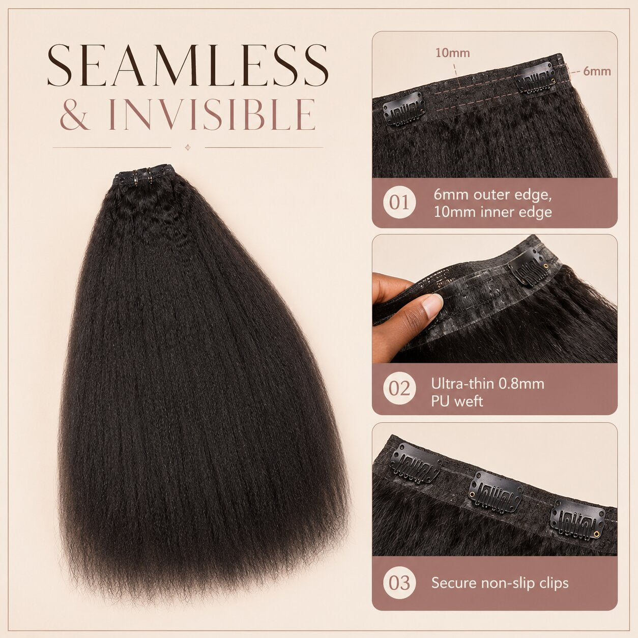 Kinky straight clip-in hair extensions pieces combo for 14 to 24 inch lengths with 9pcs and 7pcs weft sets