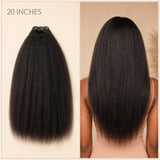 Kinky straight seamless clip-in hair extensions with comfortable fit, ultra-thin weft, and non-slip clips