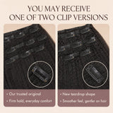 Kinky straight seamless clip-in human hair extensions on Black model with product and back view display