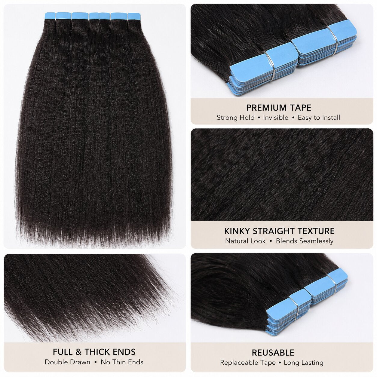 Kinky straight tape in hair extensions detail collage showing premium tape, natural texture, thick ends and reusable human hair quality