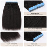Kinky straight tape in hair extensions detail collage showing premium tape, natural texture, thick ends and reusable human hair quality