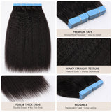 Kinky straight tape in hair extensions detail collage showing premium tape, natural texture, thick ends and reusable human hair quality