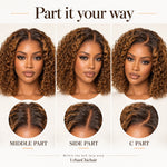 Middle, side and C-shaped parting options within the 5x5 lace area of a caramel brown deep curly wig.