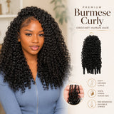 Model wearing Burmese curly crochet human hair with product bundle and curl detail
