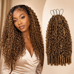 Model wearing Highlight 4/27 Burmese Curly crochet human hair with product texture and loop detail close-ups