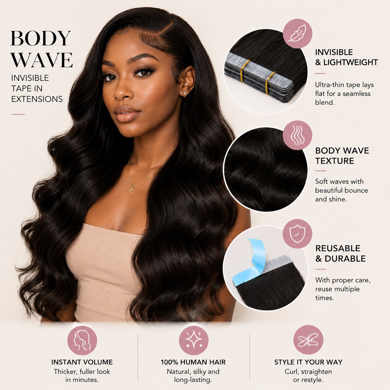 Model wearing UrbanChichair Body Wave Invisible Tape In Hair Extensions with full voluminous black waves, seamless blend, and natural shine