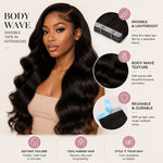 Model wearing UrbanChichair Body Wave Invisible Tape In Hair Extensions with full voluminous black waves, seamless blend, and natural shine