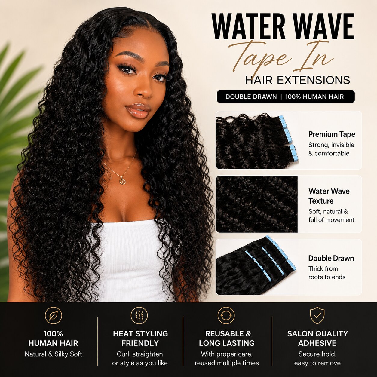 Model wearing Water Wave Tape In Hair Extensions showing long glossy black waves with product feature highlights