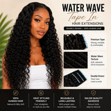 Model wearing Water Wave Tape In Hair Extensions showing long glossy black waves with product feature highlights