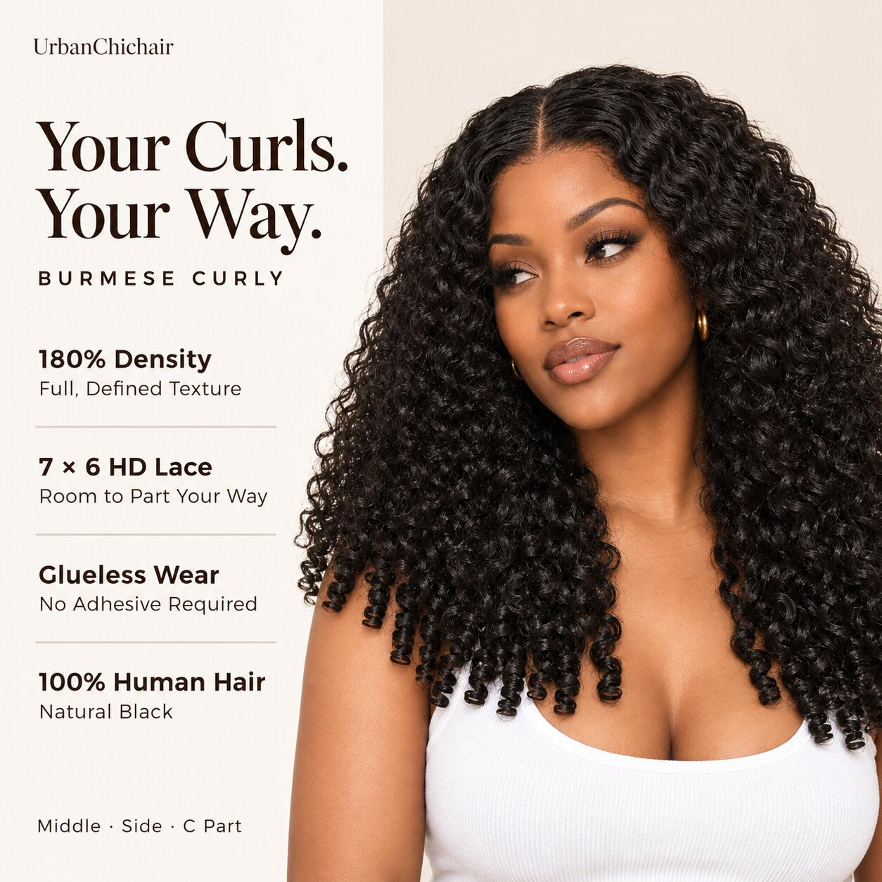 Model wearing a Burmese curly wig beside details for 180% density, a 7 by 6 HD lace closure, and glueless wear.