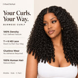 Model wearing a Burmese curly wig beside details for 180% density, a 7 by 6 HD lace closure, and glueless wear.
