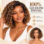 Model wearing a blonde-highlight curly bob HD lace wig with a glueless design, soft volume and defined water wave curls.
