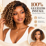 Model wearing a blonde-highlight curly bob HD lace wig with a glueless design, soft volume and defined water wave curls.