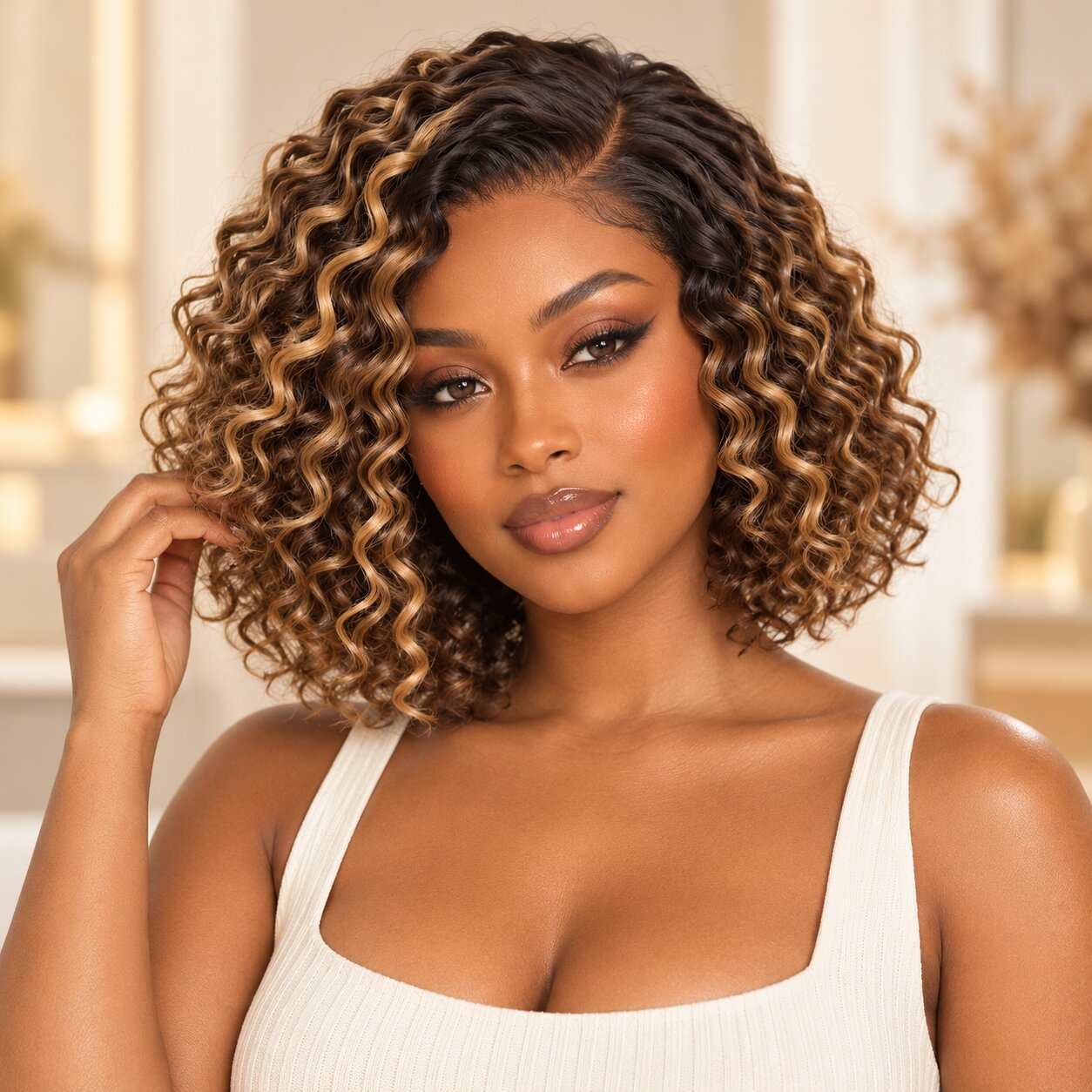 Model wearing a blonde-highlight water wave curly bob glueless HD lace human hair wig with defined curls and a natural side part.