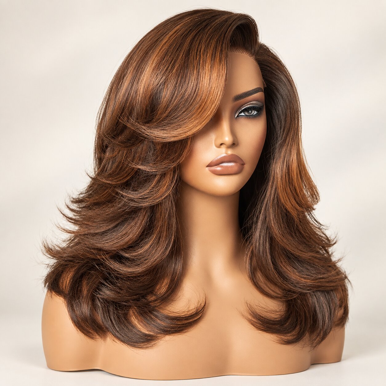 Model wearing a brown highlight butterfly cut wig with a side-swept fringe and layered ends.