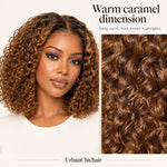 Model wearing a caramel brown deep curly wig alongside a close-up of the warm highlights and individual curls.
