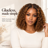 Model wearing a glueless caramel brown deep curly wig made from 100% human hair with 150% density.