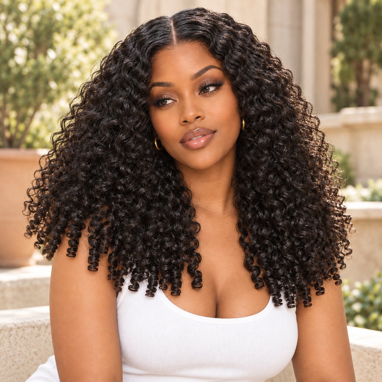 Model wearing a natural black Burmese curly wig with a middle part in a sunlit stone courtyard.