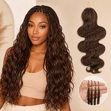 Model wearing long #4 Chocolate Brown Body Wave Crochet Human Hair braids with soft glossy waves