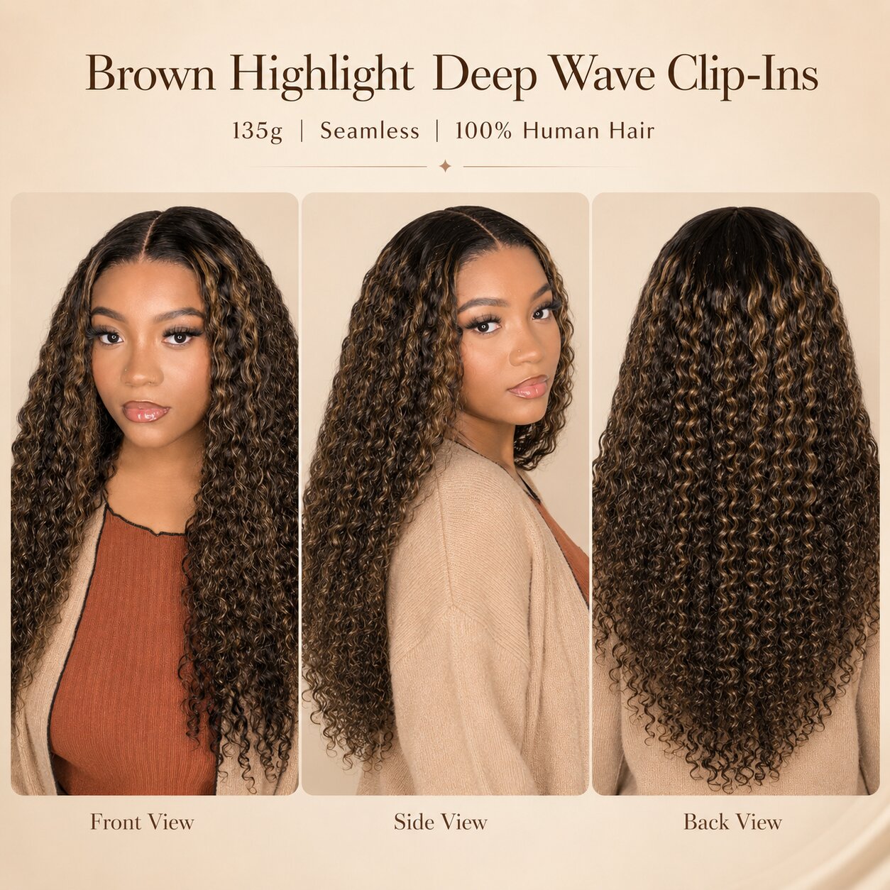 Multi-angle model display of Brown Highlight Deep Wave clip-in extensions showing front view, side view, and back view