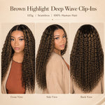Multi-angle model display of Brown Highlight Deep Wave clip-in extensions showing front view, side view, and back view
