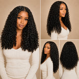 Multi-angle model showcase of UrbanChichair Burmese Curly Clip-In Extensions, showing front, side, three-quarter, and back views of full defined curls.